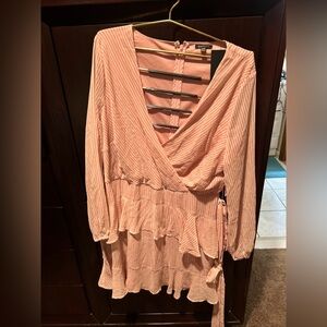 Material girl Pink Striped Women's v-neck faux wrap dress tired sz 2xl